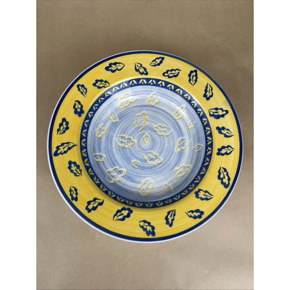 Set Of 4 Quadrifoglio‎ Blue & Yellow Leaf Pattern Bowls 8 3/4” Made in Italy
